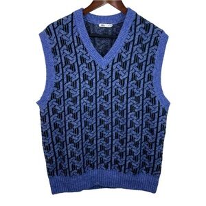 Zara | Blue Black Print V Neck Wool Blend Sweater Vest